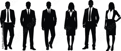 Business people silhouettes in formal suits, professional men and women standing black figures isolated on white background vector illustration set