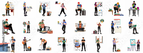 Diverse Young Adults Managing a Music Band's Career and Event Planning. Flat Vector Illustrations of Marketing, Tour Logistics, and Creative Production Tasks.
