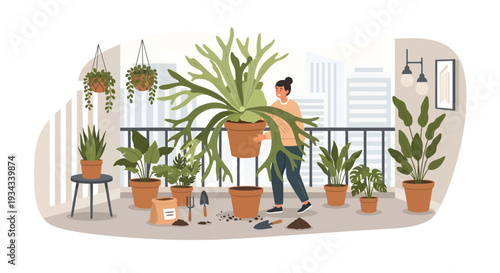 Woman tending to large potted plant on balcony.