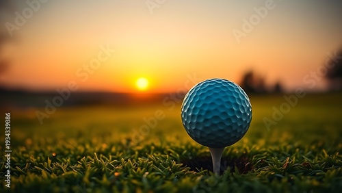 Golf ball on tee during golden hour, warm sunset glow over the course landscape. inspiring travel planning, event key visuals, designed for sports event promotions and stadium branding.