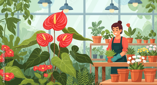 Woman tending to plants in a greenhouse.