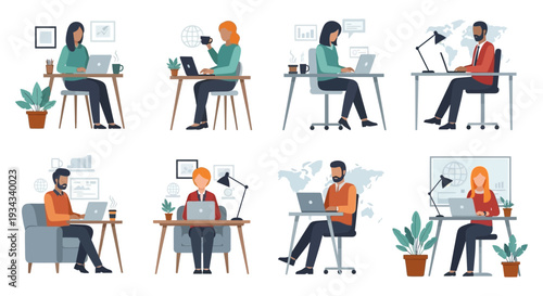 Diverse Professionals Working on Laptops: Modern Remote Work, Office & Digital Productivity Illustration Set