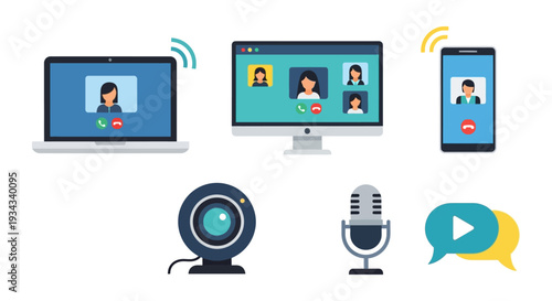 Video Call & Online Meeting Tools Flat Icon Set: Laptop, Monitor, Smartphone, Webcam, Microphone. Remote communication, virtual conference, work from home essentials.