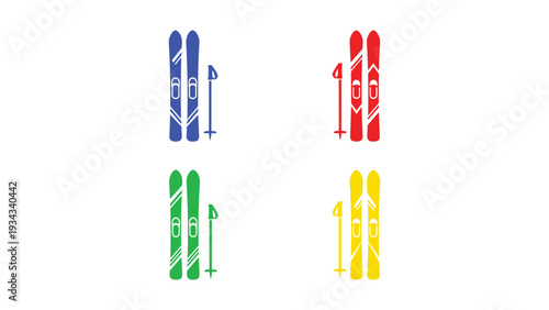 Colorful set of skis displayed in four different designs and colors
