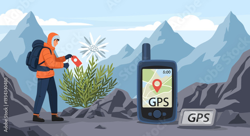 Hiker Using GPS Device in Mountainous Terrain.