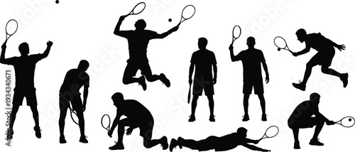 Set of black tennis player silhouettes in various action poses including serving jumping hitting backhand and diving isolated on white background for sports design