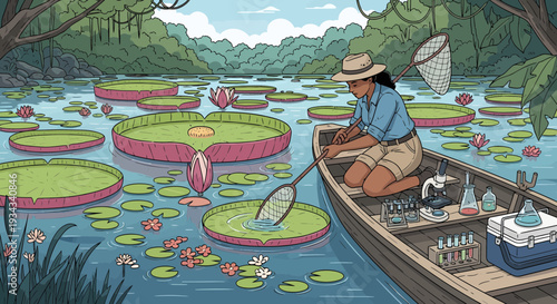 Scientist in boat studying giant water lilies.