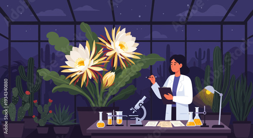 Scientist studying blooming nightblooming cereus flower in greenhouse laboratory.