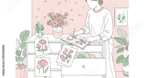 Artist Sketching Flowers in Studio, Creative Hobby, Botanical Illustration