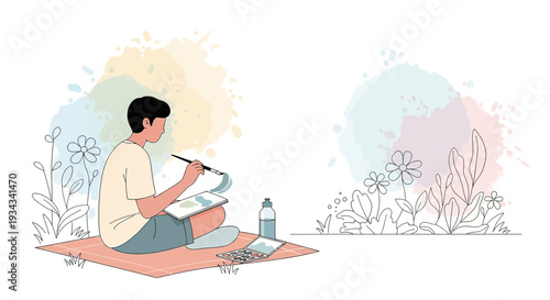 Artist paints nature scene, drawing flowers and plants outdoors