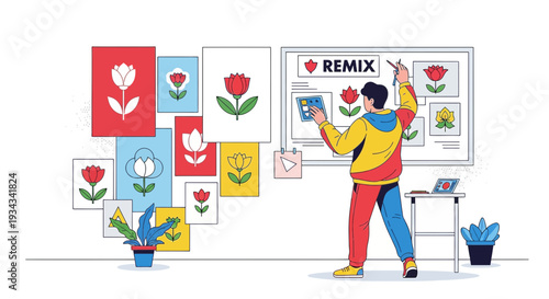 Artist Remaking Floral Designs on Whiteboard, Creative Inspiration, Modern Art Studio