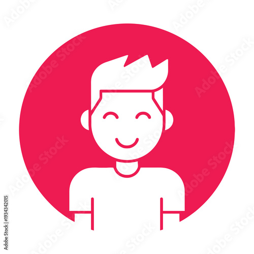 Joyful individual smiling brightly with closed eyes in a vibrant red circular frame showcasing cheerful positivity and modern minimalist design