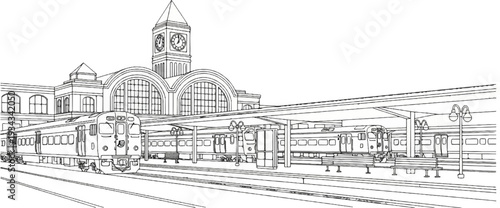 Detailed line drawing of a train station with a clock tower and waiting trains