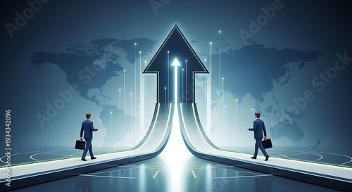 3d Two businesspeople walk on separate paths that converge into a single upward arrow, set against a world map with light beams signaling growth and shared goals