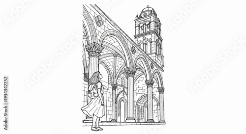 Girl in a flowing dress gazes up at ancient, arched stone ruins