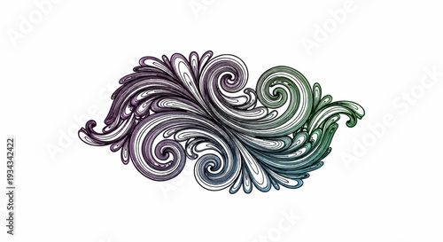 Intricate swirling vine motif with gradient of purple to green hues