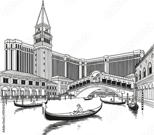 Wallpaper Mural Line drawing depicts a bustling canal scene with gondolas and classic architecture Torontodigital.ca