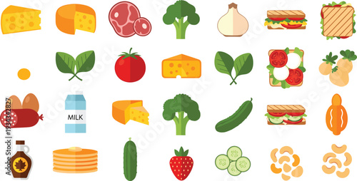 Healthy Food Ingredients Collection with Vegetables, Fruits, Dairy, Meat, Sandwiches and Nuts Flat Vector Illustration Set