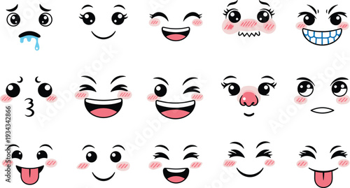 Cute Kawaii Emoji Faces Set with Funny Smiling, Blushing, Crying and Laughing Expressions Cartoon Vector Illustration Collection