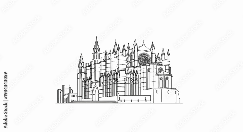 Obraz premium Detailed line drawing of a large gothic cathedral with spires and a rose window