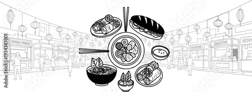 Diverse street food delights served at a vibrant Asian night market under lanterns