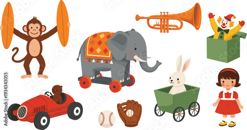 Vintage Circus Toy Collection with Monkey, Elephant, Clown, Trumpet, Rabbit Cart, Race Car and Classic Children Playthings Vector Illustration