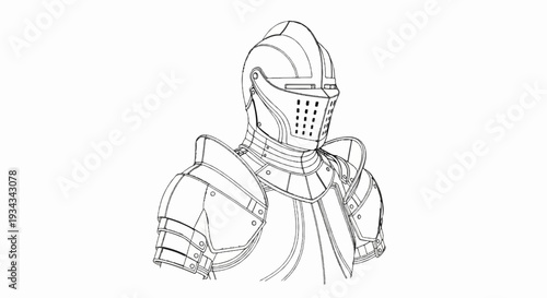 Detailed line drawing of a knight's ornate metal armor, chest plate, helmet