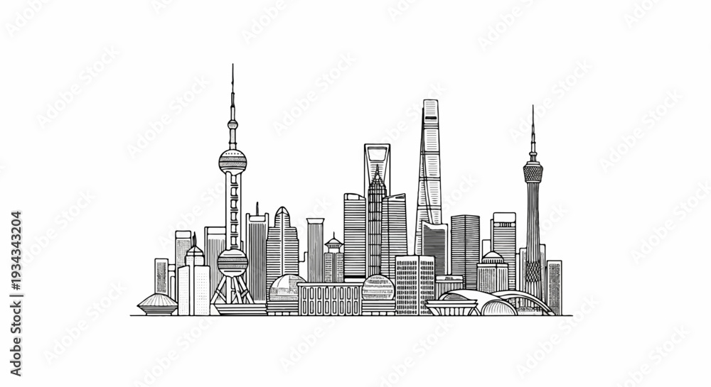 Obraz premium Detailed line art sketch of a modern city skyline with tall skyscrapers and towers