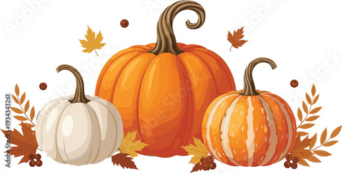 Autumn Pumpkin Composition with Orange and White Gourds, Fall Leaves and Harvest Decoration Isolated Vector Illustration