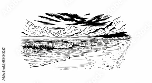 Dramatic, choppy waves crash onto a sandy beach under a stormy, cloud-filled sky