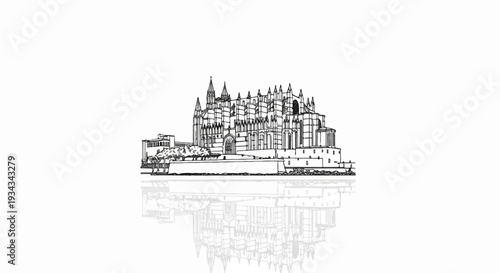 Detailed sketch of a grand cathedral with Gothic architecture and reflected image
