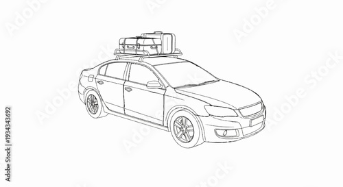 Black and white sketch of a sedan with luggage on roof rack