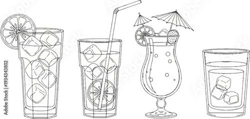 Four glasses of various drinks with ice, lemon slices, and garnishes