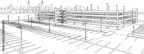 Sketch of a multi-level parking garage and city skyline