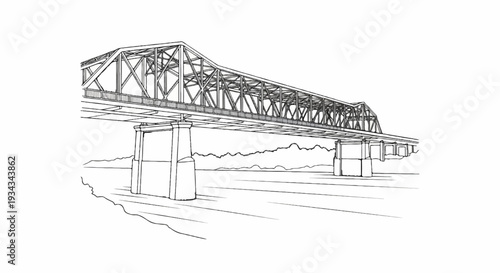 Sketch of a truss bridge spanning a body of water with mountains in the distance