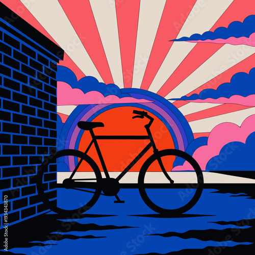 a bicycle leaning against a wall at sunset