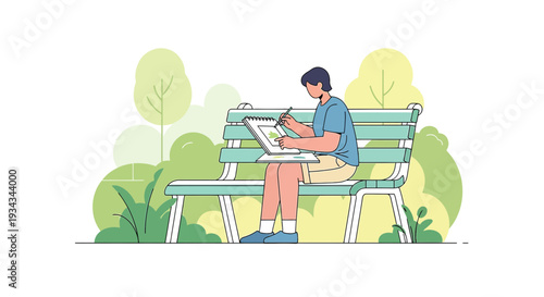 Artist sketching in park, drawing nature on bench, creative hobby, outdoor leisure
