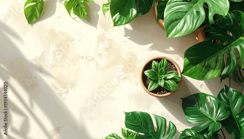 Clean botanical flat lay banner background with green plants and leaves. Minimal and natural composition symbolizing plant appreciation, eco awareness, growth, sustainability, and connection