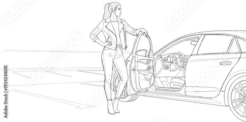 Fashionable woman stands by car door open in parking lot, looking away