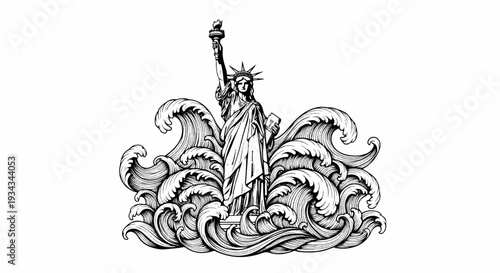 Statue of Liberty figure emerges from turbulent, stylized ocean waves