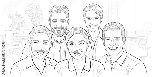 Five smiling individuals in an office setting, portrayed in a line-art style