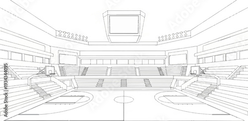 Interior view of an empty, outline-style basketball arena with tiered seating