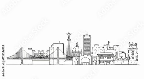 A sketched skyline features a suspension bridge, monument, domed building, tall skyscraper, and castle