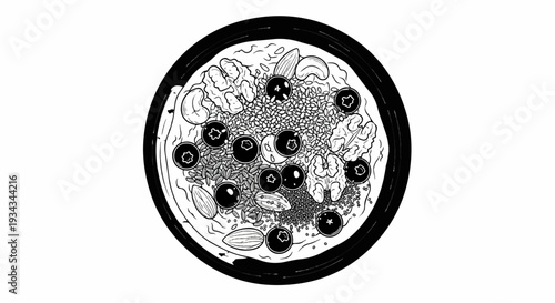Overhead view of a black and white illustration of a healthy breakfast bowl