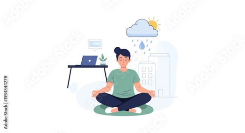 Serene Woman Meditating Amidst Urban Stress and Emotional Fluctuations, Cultivating Inner Calm and Well-being - Flat Vector Illustration