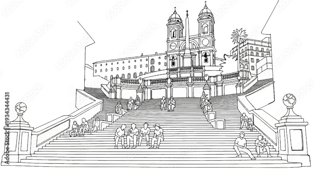 Fototapeta premium Stylized line drawing of an ornate, multi-tiered staircase adorned with people and a grand structure