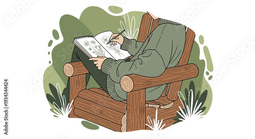 Artist Sketching Nature Outdoors In Wooden Chair - Illustration
