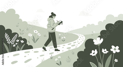 Artist sketching nature path, woman drawing wildflowers in scenic landscape