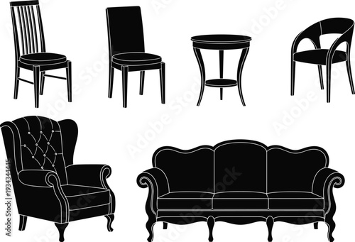 Set of black furniture silhouettes including classic sofa tufted armchair elegant dining chairs and round side table isolated on white background for interior design
