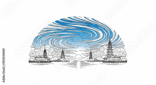 Stylized sketch of pagodas on a tranquil lake under a swirling blue sky